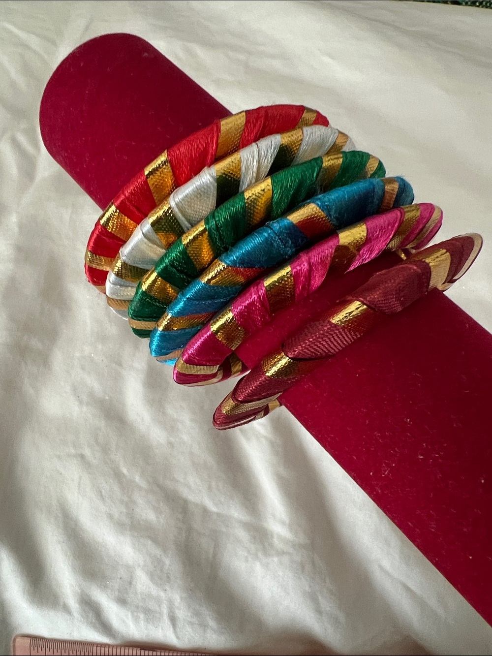 Silk-Wrapped Multicolor Bangle Set with Gold Accents